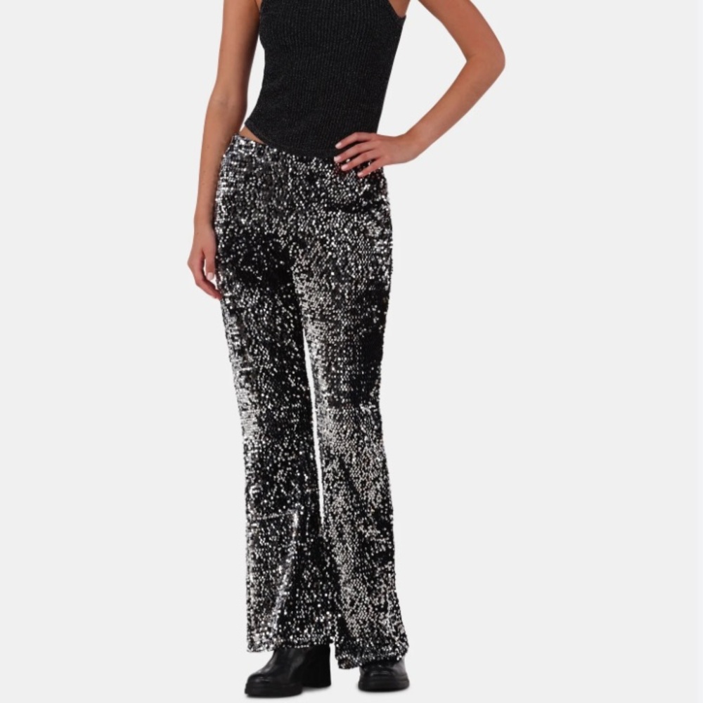 NO BOUNDARIES Sequin Black Pullon Flared Leg High Rise Pants XXS NWOT